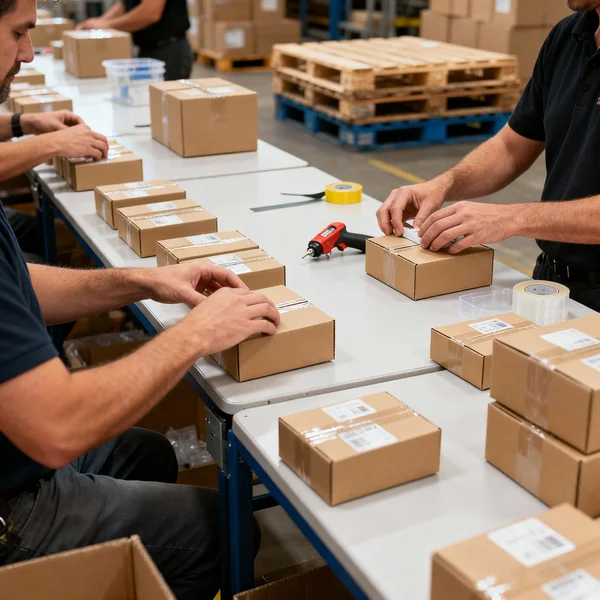 Fulfillment team packing craft assortments in an organized workspace