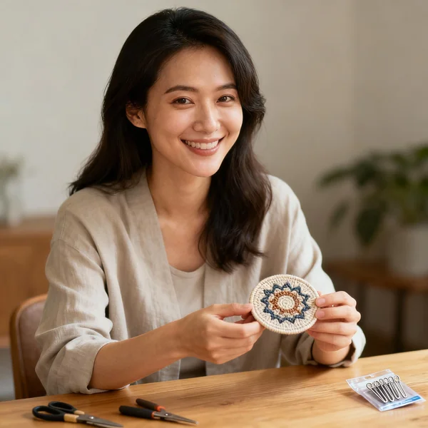 Close portrait of a satisfied customer holding a finished craft coaster