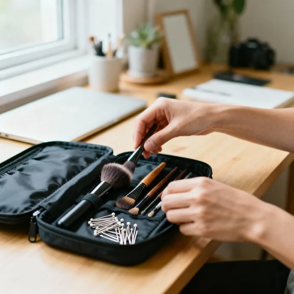 Person packing craft and styling kit at desk in natural light