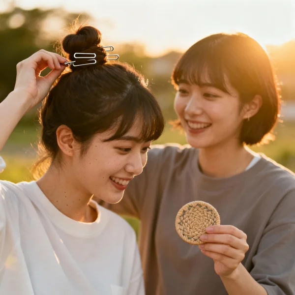 Outdoor scene: friends using hair pins and showing a completed craft coaster