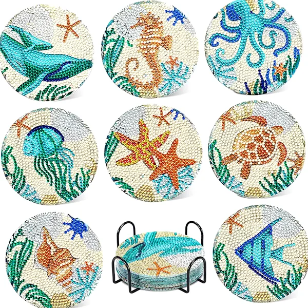 Ocean diamond painting coaster kit with stones and holder for DIY gifts